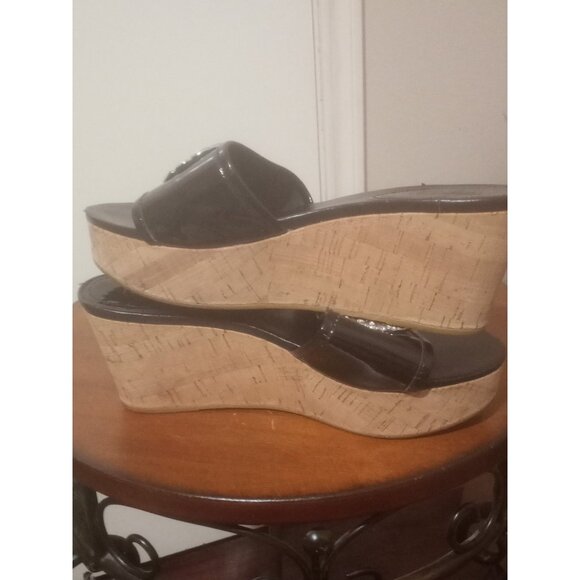 Coach Judith Black Patent Leather Cork Wedge Sandals Women's Size 8.5 B - Picture 10 of 12